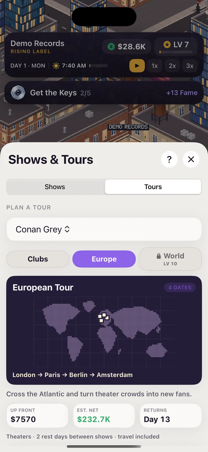Tour planning screen